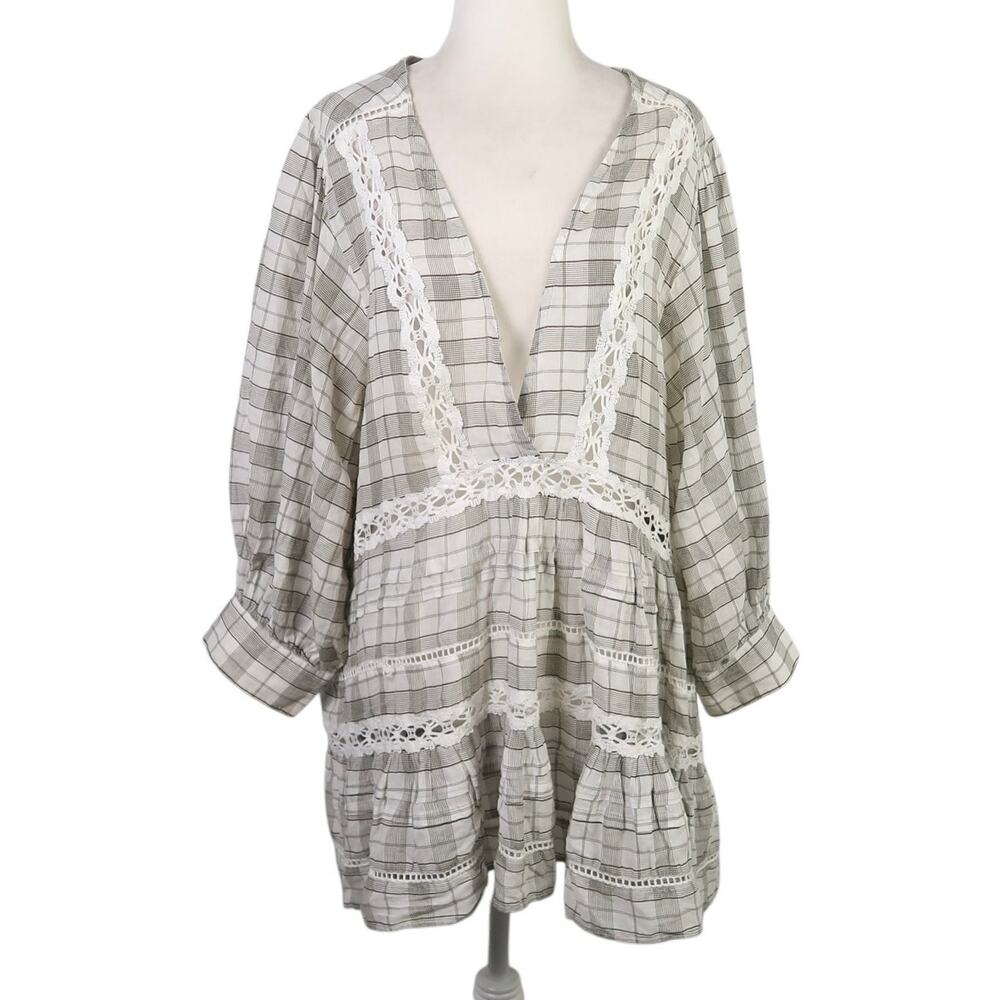 Free People Time Out Grey and Cream Plaid Tunic Top Small